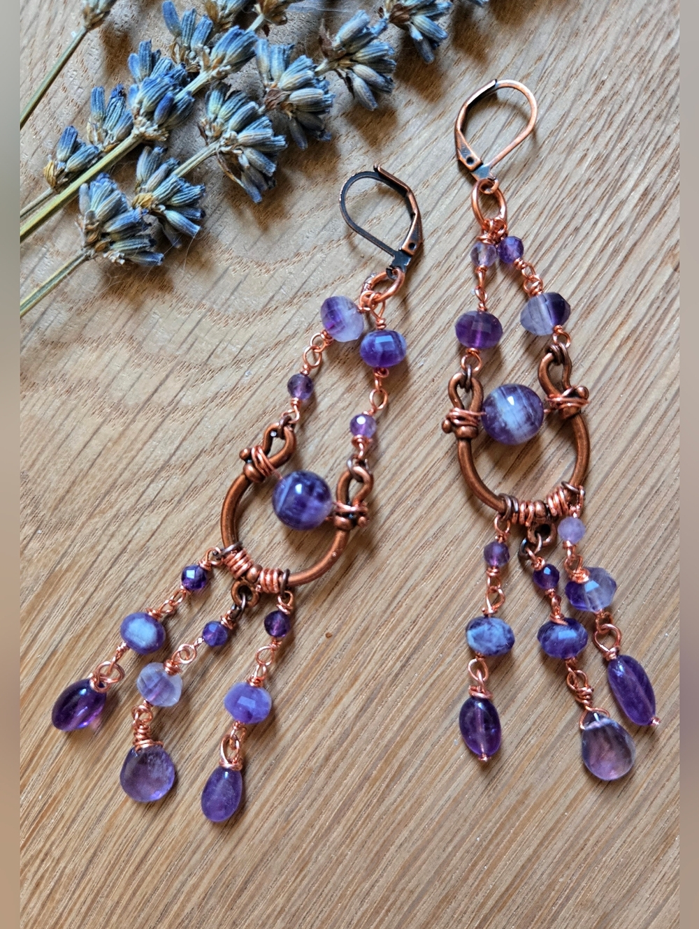 Natural Amethysts In Handcrafted Artisan Chandelier In Antique Copper Earrings - Picture 4 of 10